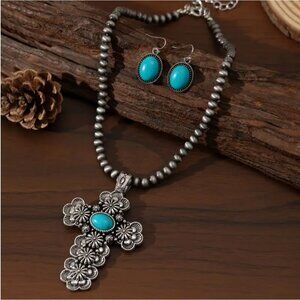 Imitation Turquoise Floral Cross Necklace & Earrings Set